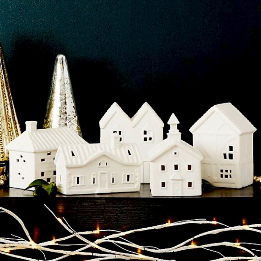 ISO CRATE & BARREL PORCELAIN CHRISTMAS HOUSES